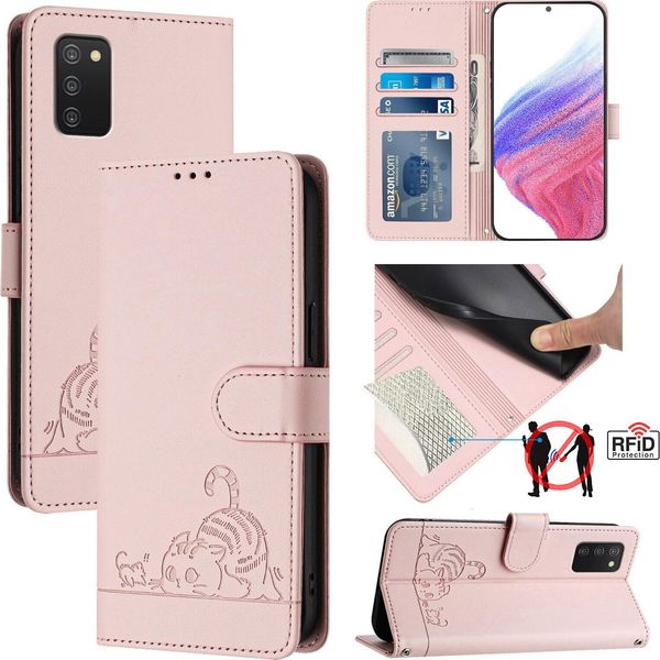 Custodia In Pelle Per Samsung Galaxy A03S, Dolce Gatto Custodia Flip Con Funzione Stand E Portafoglio Rosa-image