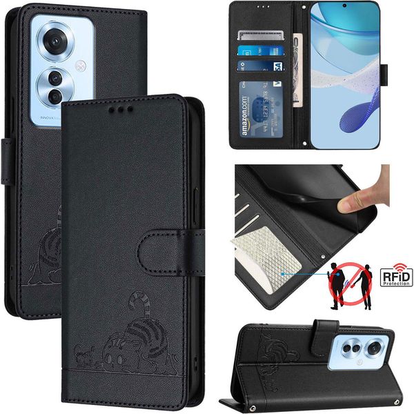 Custodia In Pelle Per Oppo Reno11F, Dolce Gatto Custodia Flip Con Funzione Stand E Portafoglio Nero-image