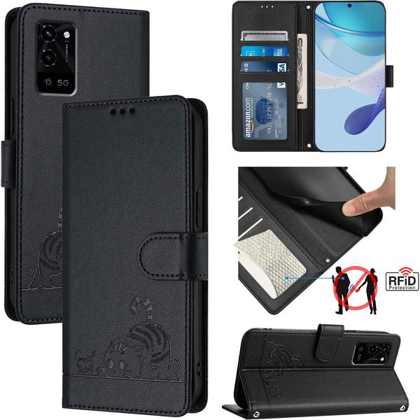 Custodia In Pelle Per Oppo A54 4G/A54S/A55 5G/A16/A16S/A55S 5G/A53S 5G/A56 5G Gatto Carino Flip Case Cover Portafoglio Con Funzione Stand Nero-image