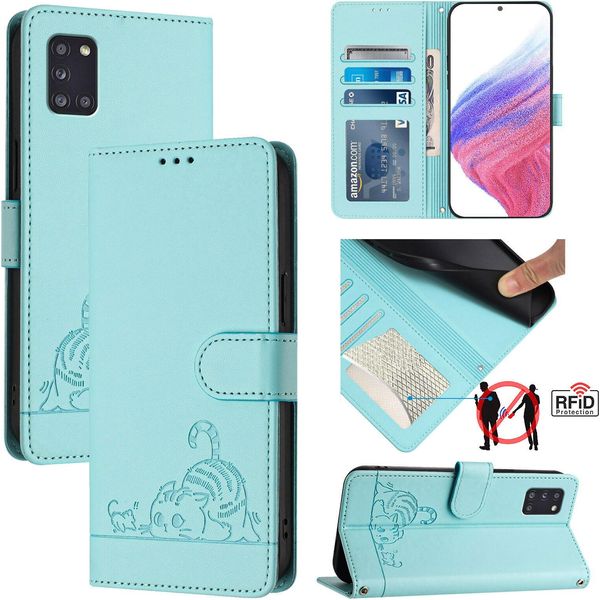 Custodia In Pelle Per Samsung Galaxy A31, Dolce Gatto Custodia Flip Con Funzione Stand E Portafoglio Verde Chiaro-image