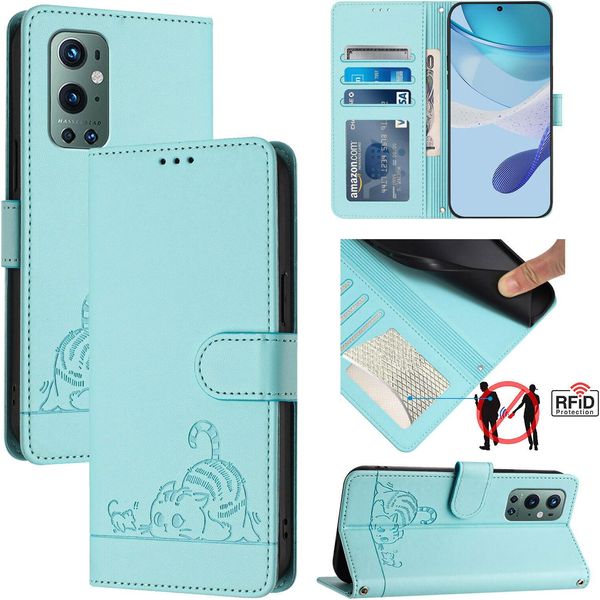 Custodia In Pelle Per Oneplus 9 Pro, Dolce Gatto Custodia Flip Con Funzione Stand E Portafoglio Verde Chiaro-image
