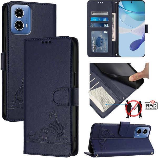 Custodia In Pelle Per Motorola Moto G34, Dolce Gatto Custodia Flip Con Funzione Stand E Portafoglio Blu-image