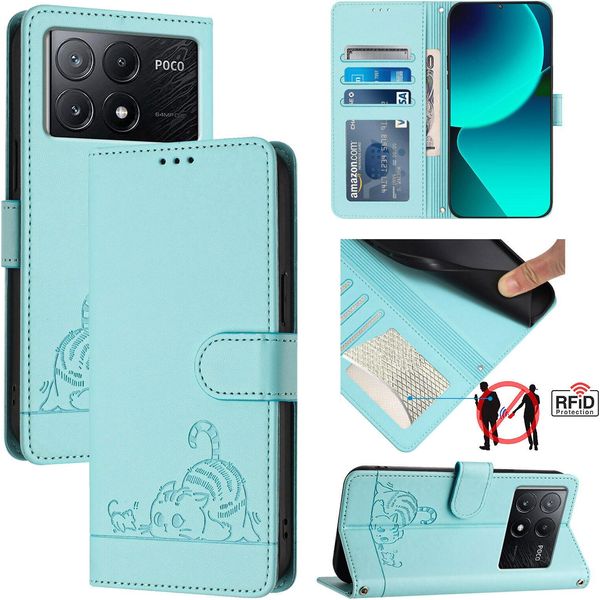 Custodia In Pelle Per Xiaomi Poco X6 Pro/Redmi K70E, Dolce Gatto Flip Case Con Funzione Stand E Portafoglio Verde Chiaro-image