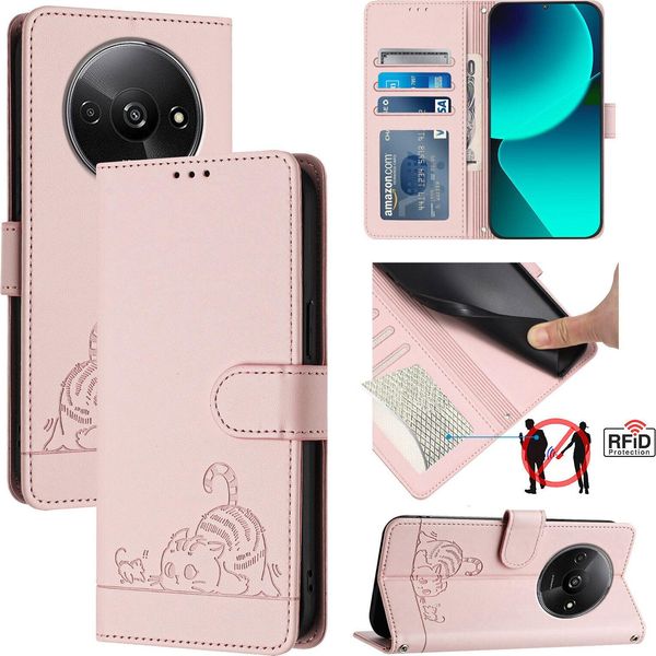 Custodia In Pelle Per Xiaomi Poco C61 /Redmi A3, Dolce Gatto Flip Case Con Funzione Stand E Portafoglio Rosa-image