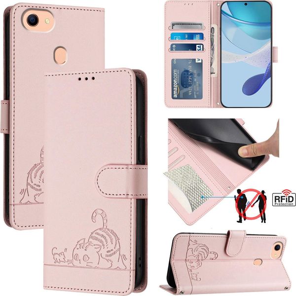Custodia In Pelle Per Oppo F17, Dolce Gatto Custodia Flip Con Funzione Stand E Portafoglio Rosa-image