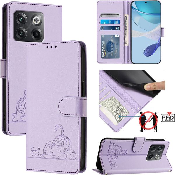 Custodia In Pelle Per Oneplus Ace Pro/Oneplus 10T, Dolce Gatto Custodia Flip Con Funzione Stand E Portafoglio Viola-image