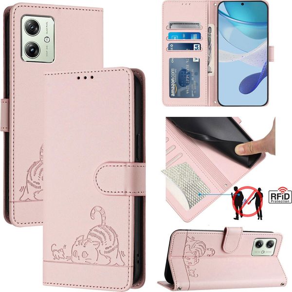 Custodia In Pelle Per Motorola Moto G54, Dolce Gatto Custodia Flip Con Funzione Stand E Portafoglio Rosa-image