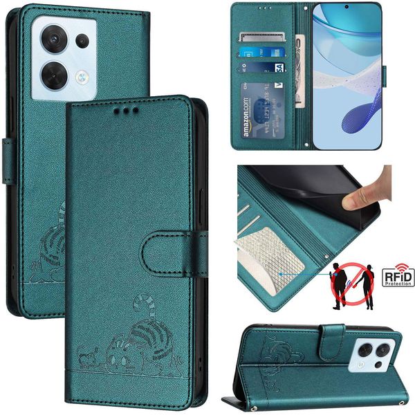 Custodia In Pelle Per Oppo Reno8, Dolce Gatto Custodia Flip Con Funzione Stand E Portafoglio Verde-image