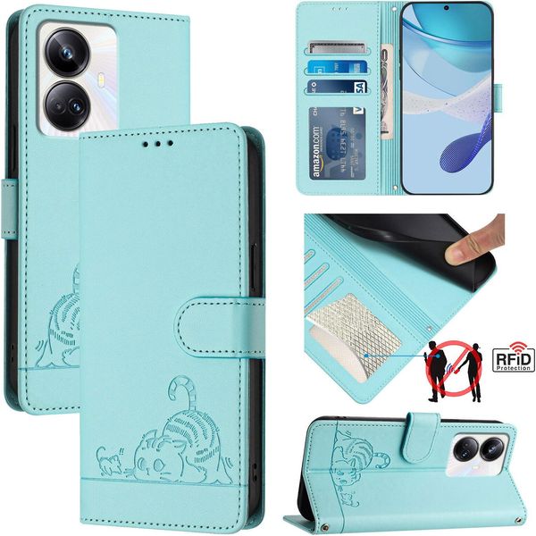 Custodia In Pelle Per Realme 10 Pro+, Dolce Gatto Custodia Flip Con Funzione Stand E Portafoglio Verde Chiaro-image
