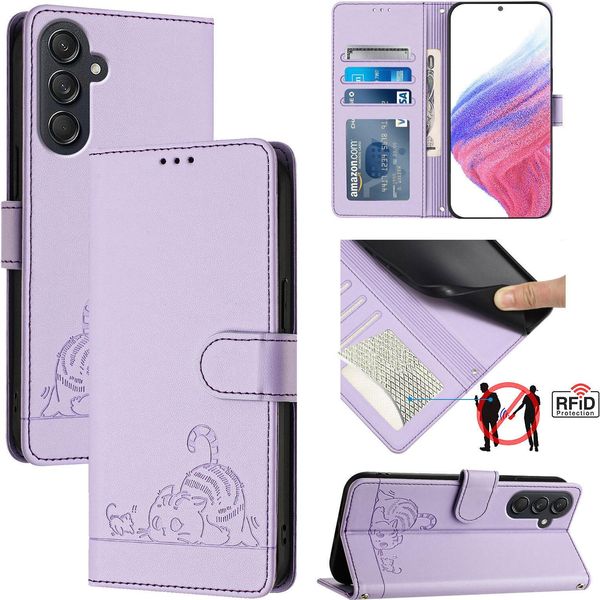 Custodia In Pelle Per Samsung Galaxy M55, Dolce Gatto Custodia Flip Con Funzione Stand E Portafoglio Viola-image