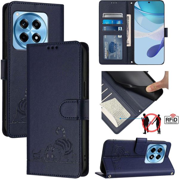 Custodia In Pelle Per Oneplus Ace 3 /Oneplus 12R, Dolce Gatto Custodia Flip Con Funzione Stand E Portafoglio Blu-image