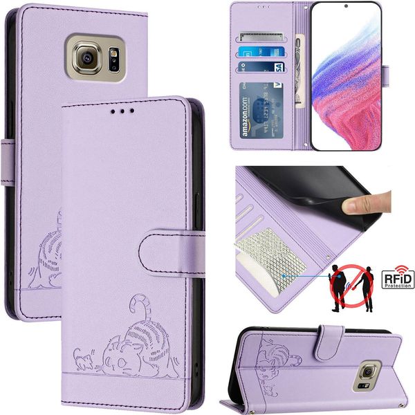 Custodia In Pelle Per Samsung Galaxy S6, Dolce Gatto Custodia Flip Con Funzione Stand E Portafoglio Viola-image