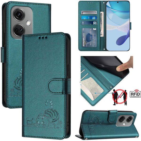 Custodia In Pelle Per Oneplus Nord CE3, Dolce Gatto Custodia Flip Con Funzione Stand E Portafoglio Verde-image