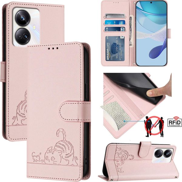Custodia In Pelle Per Realme 10 Pro+, Dolce Gatto Custodia Flip Con Funzione Stand E Portafoglio Rosa-image