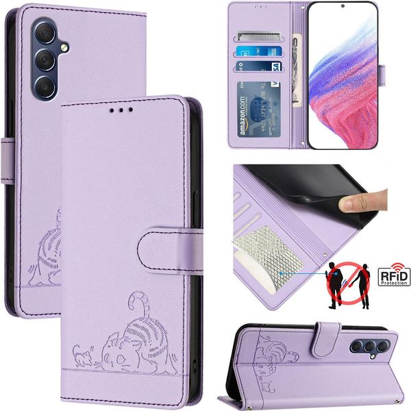 Custodia In Pelle Per Samsung Galaxy M54 5G / F54 5G, Dolce Gatto Custodia Flip Con Funzione Stand E Portafoglio Viola-image