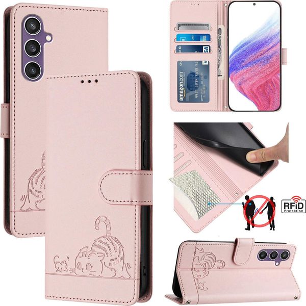 Custodia In Pelle Per Samsung Galaxy S23 Fe, Dolce Gatto Custodia Flip Con Funzione Stand E Portafoglio Rosa-image