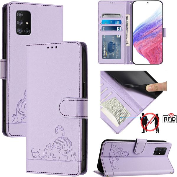 Custodia In Pelle Per Samsung Galaxy A71 5G, Dolce Gatto Custodia Flip Con Funzione Stand E Portafoglio Viola-image