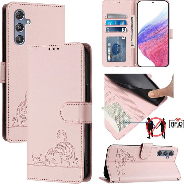 Custodia In Pelle Per Samsung Galaxy M34 5G/F34 5G, Dolce Gatto Custodia Flip Con Funzione Stand E Portafoglio Rosa-image