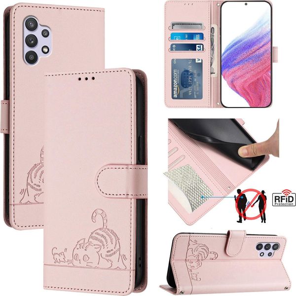 Custodia In Pelle Per Samsung Galaxy A32 5G/M32 5G, Dolce Gatto Custodia Flip Con Funzione Stand E Portafoglio Rosa-image