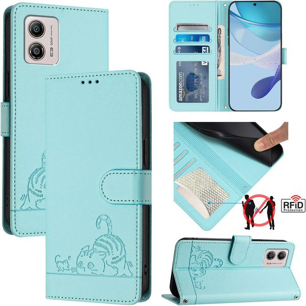 Custodia In Pelle Per Motorola Moto G53 / G13 / G23, Dolce Gatto Flip Case Con Funzione Stand E Portafoglio Verde Chiaro-image