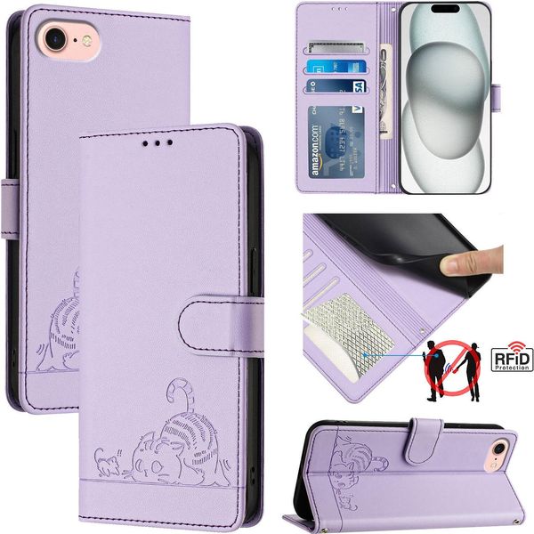 Custodia In Pelle Per Iphone SE4, Dolce Gatto Custodia Flip Con Funzione Stand E Portafoglio Viola-image