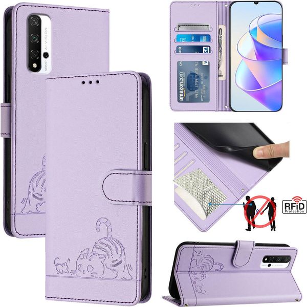 Custodia In Pelle Per Honor 20 /Honor 20 Pro, Dolce Gatto Custodia Flip Con Funzione Stand E Portafoglio Viola-image