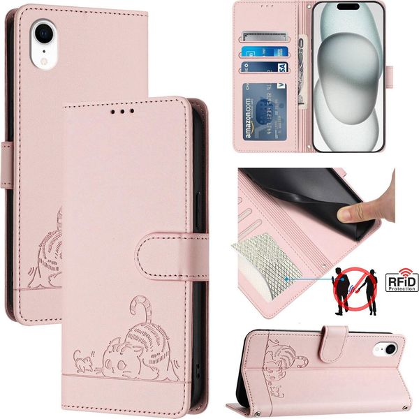 Custodia In Pelle Per Iphone Xr, Dolce Gatto Custodia Flip Con Funzione Stand E Portafoglio Rosa-image