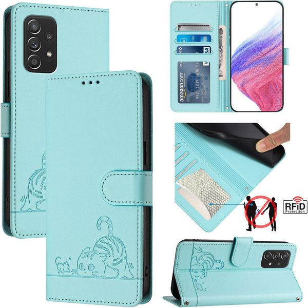 Custodia In Pelle Per Samsung Galaxy A52 /A52 5G/ A52S 5G, Dolce Gatto Flip Case Con Funzione Stand E Portafoglio Verde Chiaro-image