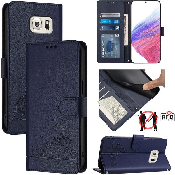 Custodia In Pelle Per Samsung Galaxy S6 Edge, Dolce Gatto Custodia Flip Con Funzione Stand E Portafoglio Blu-image