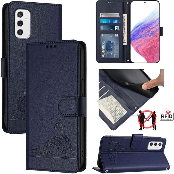 Custodia In Pelle Per Samsung Galaxy M52 5G, Dolce Gatto Custodia Flip Con Funzione Stand E Portafoglio Blu-image