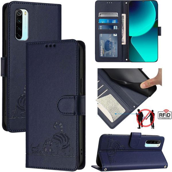 Custodia In Pelle Per Xiaomi Redmi Note 8, Dolce Gatto Custodia Flip Con Funzione Stand E Portafoglio Blu-image
