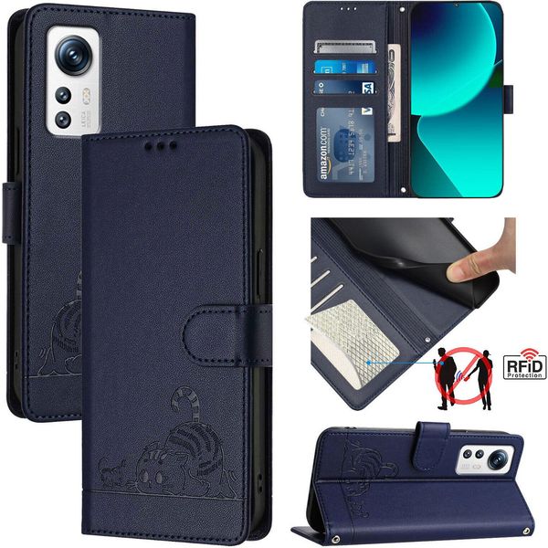 Custodia In Pelle Per Xiaomi 12/Xiaomi 12X/Xiaomi 12S, Dolce Gatto Flip Case Con Funzione Stand E Portafoglio Blu-image