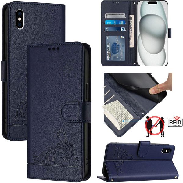 Custodia In Pelle Per Iphone Xs Max, Dolce Gatto Custodia Flip Con Funzione Stand E Portafoglio Blu-image