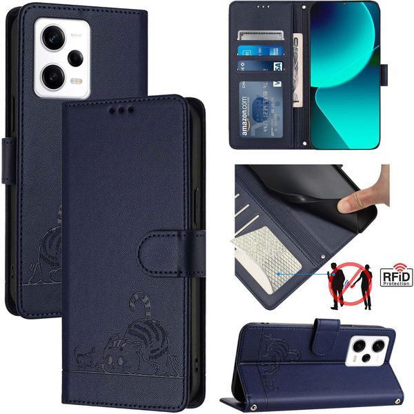 Custodia In Pelle Per Xiaomi Poco X5 Pro/Redmi Note 12 Pro 5G, Dolce Gatto Custodia Flip Con Funzione Stand E Portafoglio Blu-image