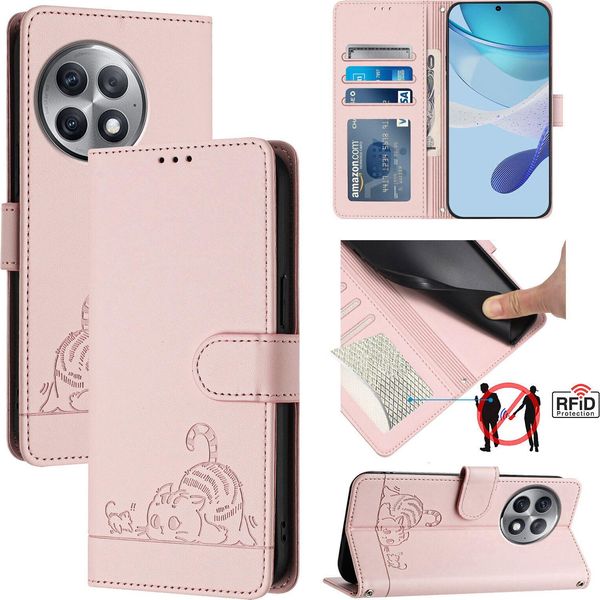 Custodia In Pelle Per Oneplus Ace 2 Pro, Dolce Gatto Custodia Flip Con Funzione Stand E Portafoglio Rosa-image