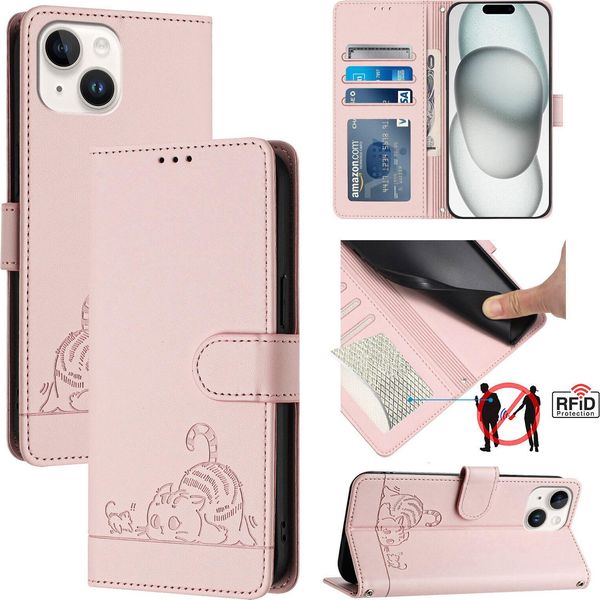 Custodia In Pelle Per Iphone 13 / Iphone 14, Dolce Gatto Custodia Flip Con Funzione Stand E Portafoglio Rosa-image