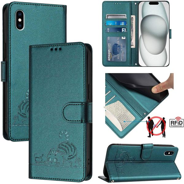 Custodia In Pelle Per Iphone Xs Max, Dolce Gatto Custodia Flip Con Funzione Stand E Portafoglio Verde-image