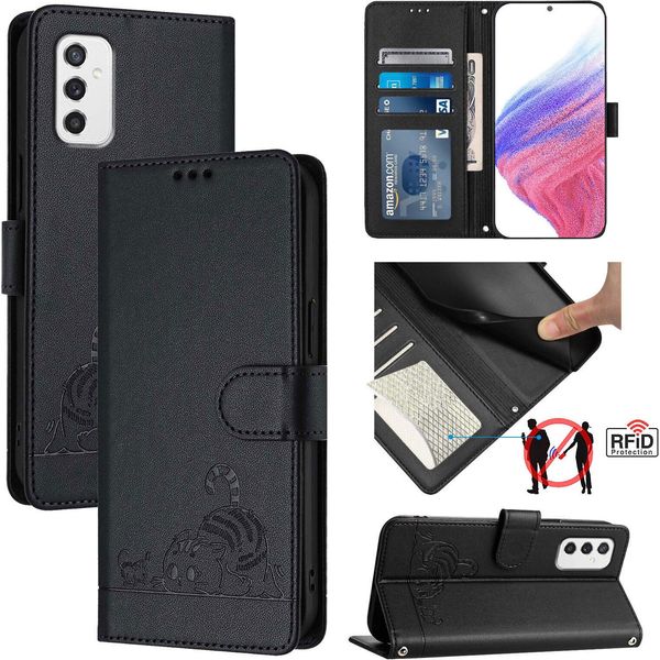 Custodia In Pelle Per Samsung Galaxy M52 5G, Dolce Gatto Custodia Flip Con Funzione Stand E Portafoglio Nero-image