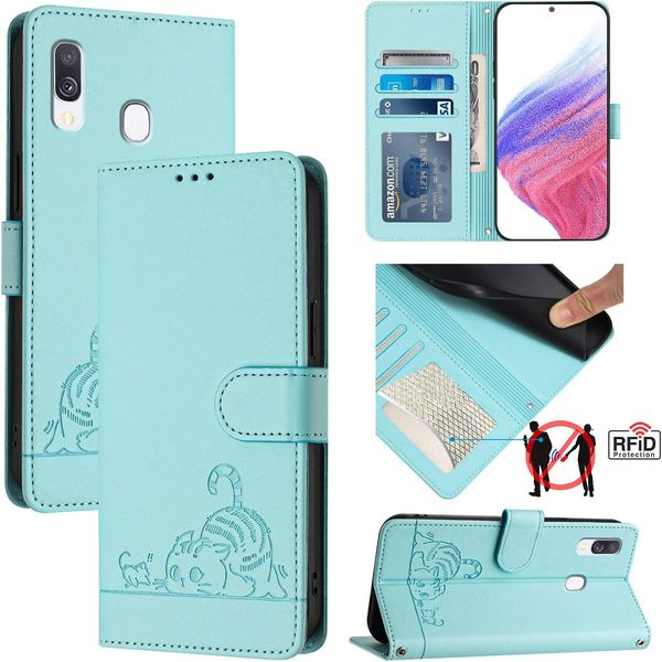 Custodia In Pelle Per Samsung Galaxy A40, Dolce Gatto Custodia Flip Con Funzione Stand E Portafoglio Verde Chiaro-image