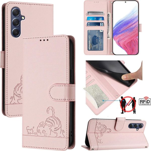 Custodia In Pelle Per Samsung Galaxy M54 5G / F54 5G, Dolce Gatto Custodia Flip Con Funzione Stand E Portafoglio Rosa-image