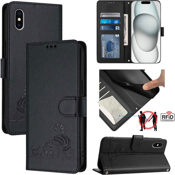 Custodia In Pelle Per Iphone X/Iphone Xs, Dolce Gatto Custodia Flip Con Funzione Stand E Portafoglio Nero-image