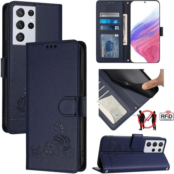 Custodia In Pelle Per Samsung Galaxy S21 Ultra 5G, Dolce Gatto Custodia Flip Con Funzione Stand E Portafoglio Blu-image