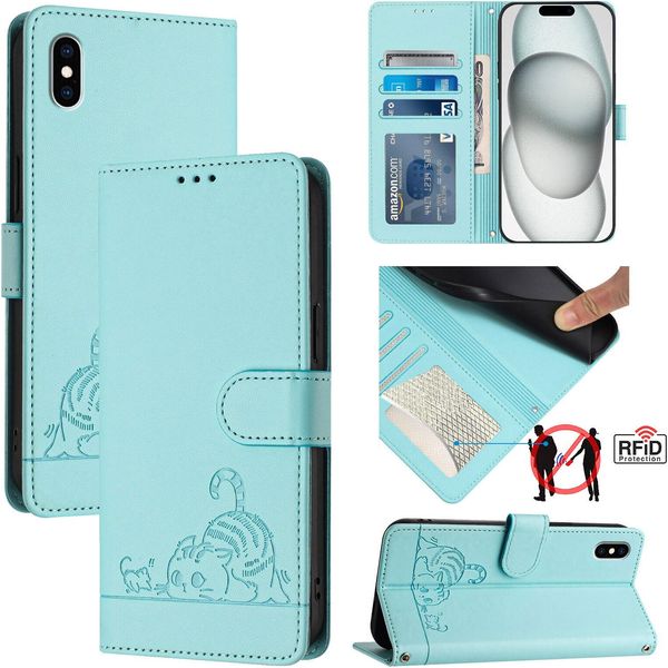 Custodia In Pelle Per Iphone Xs Max, Dolce Gatto Custodia Flip Con Funzione Stand E Portafoglio Verde Chiaro-image