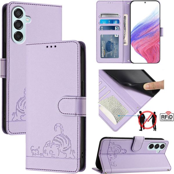 Custodia In Pelle Per Samsung Galaxy M15 5G/F15 5G, Dolce Gatto Custodia Flip Con Funzione Di Supporto E Portafoglio Viola-image