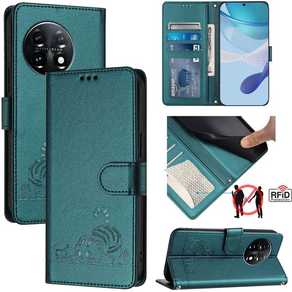 Custodia In Pelle Per Oneplus 11, Dolce Gatto Custodia Flip Con Funzione Stand E Portafoglio Verde-image