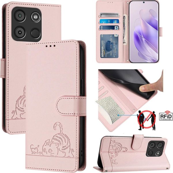 Custodia In Pelle Per Itel A60 / A60S, Dolce Gatto Custodia Flip Con Funzione Stand E Portafoglio Rosa-image