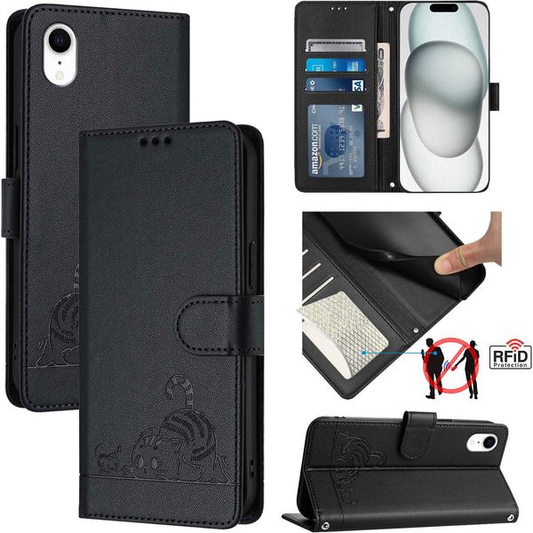 Custodia In Pelle Per Iphone Xr, Dolce Gatto Custodia Flip Con Funzione Stand E Portafoglio Nero-image