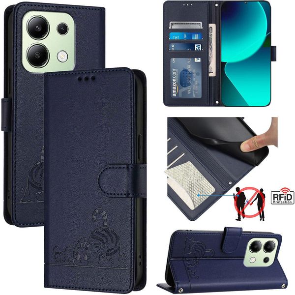 Custodia In Pelle Per Xiaomi Redmi Note 13 4G, Dolce Gatto Custodia Flip Con Funzione Stand E Portafoglio Blu-image
