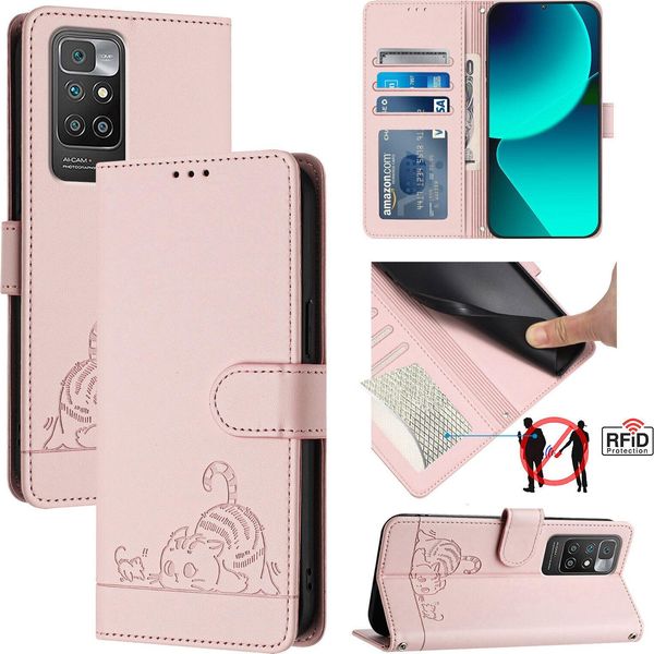 Custodia In Pelle Per Xiaomi Redmi 10, Dolce Gatto Custodia Flip Con Funzione Stand E Portafoglio Rosa-image
