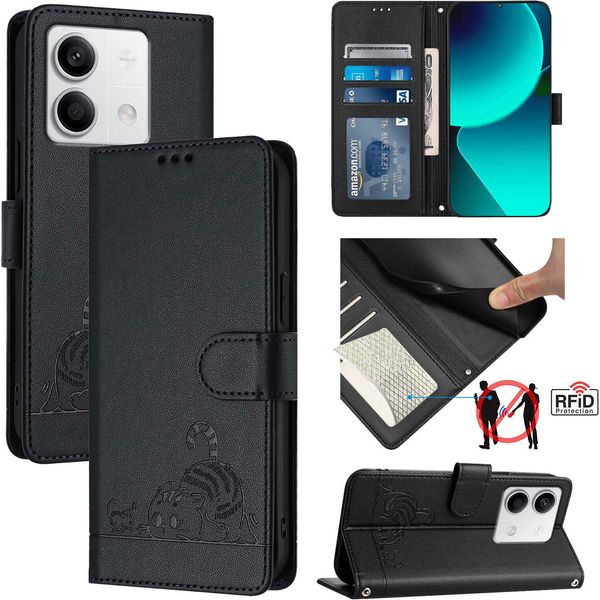 Custodia In Pelle Per Xiaomi Redmi Note 13 5G, Dolce Gatto Flip Case Con Funzione Stand E Portafoglio Nero-image